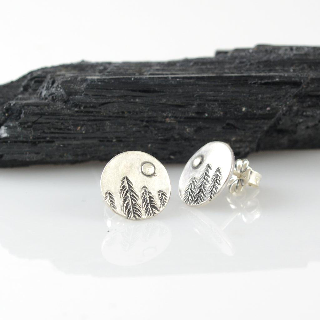 Landscape Earrings - Tree line and Full Moon Sterling Silver Post Earrings - Ready to Ship
