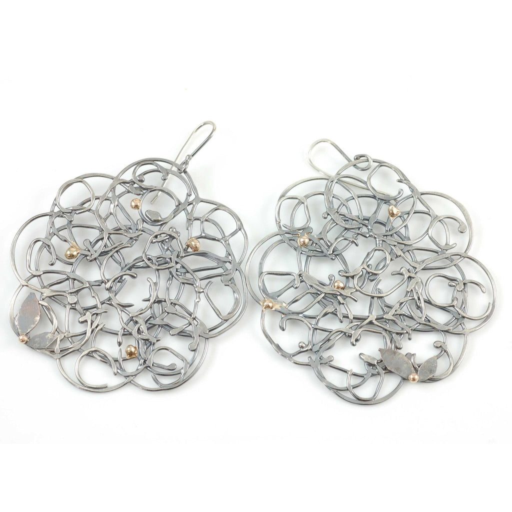 Organic Vine Earrings in Argentium Sterling Silver with Gold and Copper - Size Extra Large - Ready to Ship - Beth Cyr Handmade Jewelry