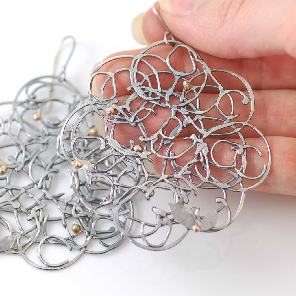 Organic Vine Earrings in Argentium Sterling Silver with Gold and Copper - Size Extra Large - Ready to Ship - Beth Cyr Handmade Jewelry