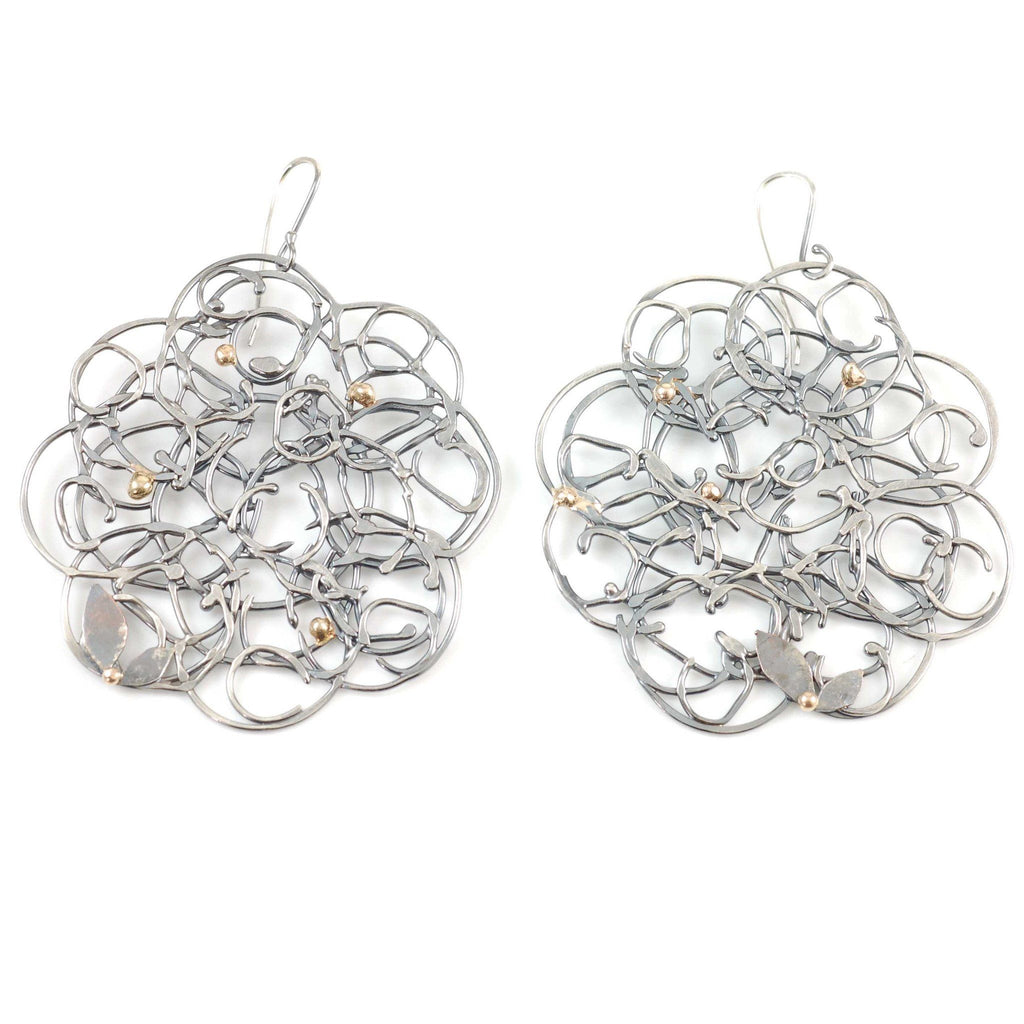 Organic Vine Earrings in Argentium Sterling Silver with Gold and Copper - Size Extra Large - Ready to Ship - Beth Cyr Handmade Jewelry