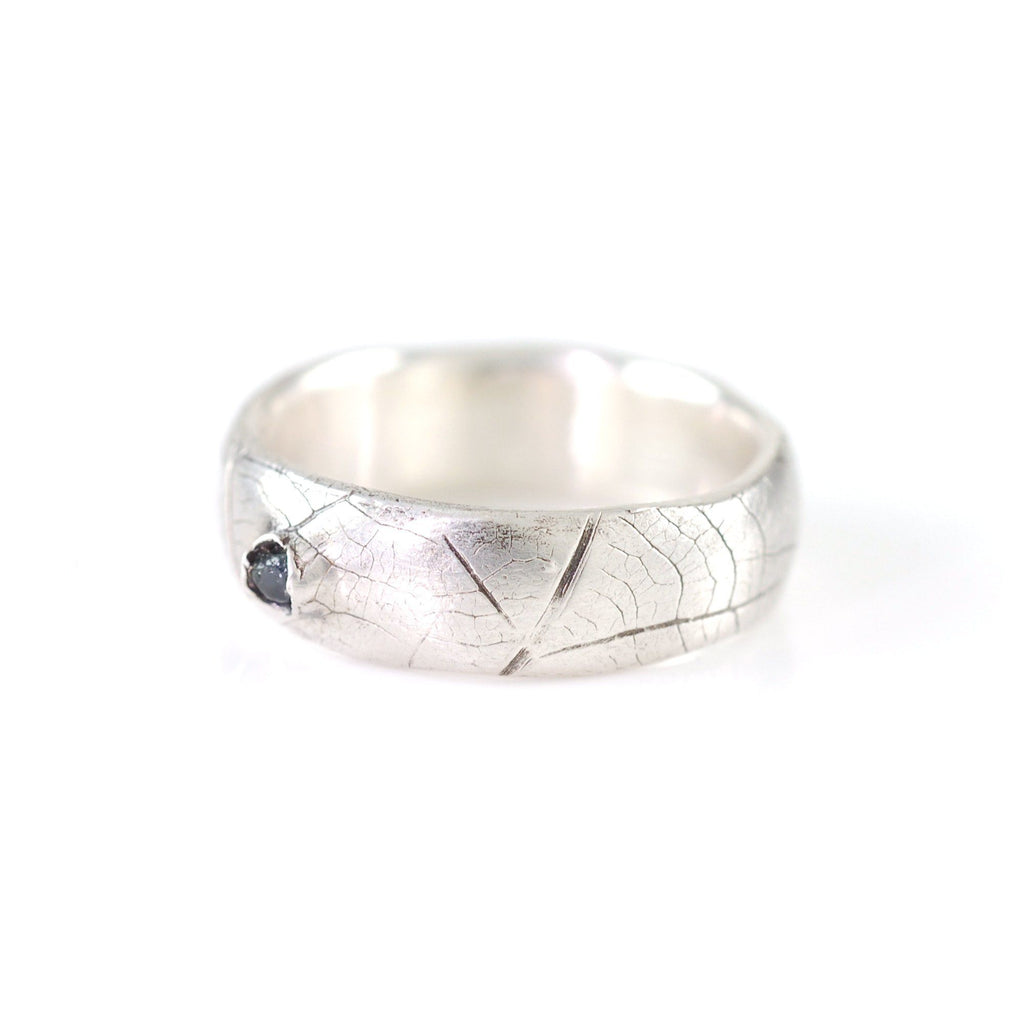 Leaf Imprint Ring with Rough Sapphire in Palladium Sterling Silver - size 6 1/2 - Ready to Ship - Beth Cyr Handmade Jewelry