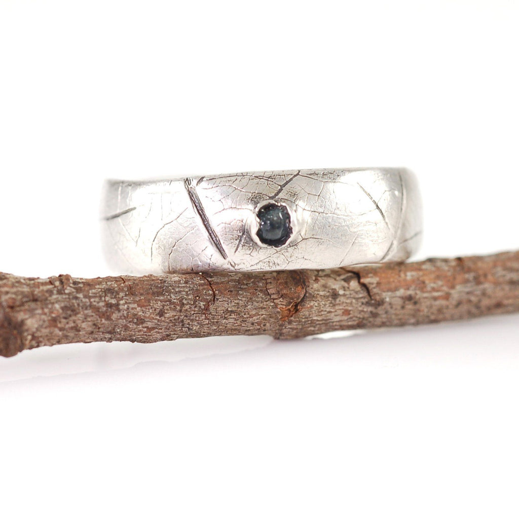 Leaf Imprint Ring with Rough Sapphire in Palladium Sterling Silver - size 6 1/2 - Ready to Ship - Beth Cyr Handmade Jewelry