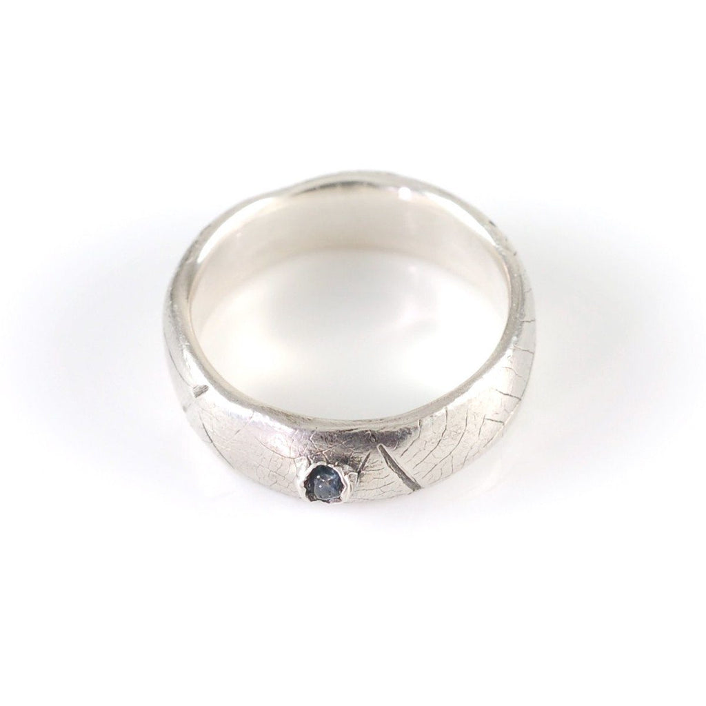 Leaf Imprint Ring with Rough Sapphire in Palladium Sterling Silver - size 6 1/2 - Ready to Ship - Beth Cyr Handmade Jewelry