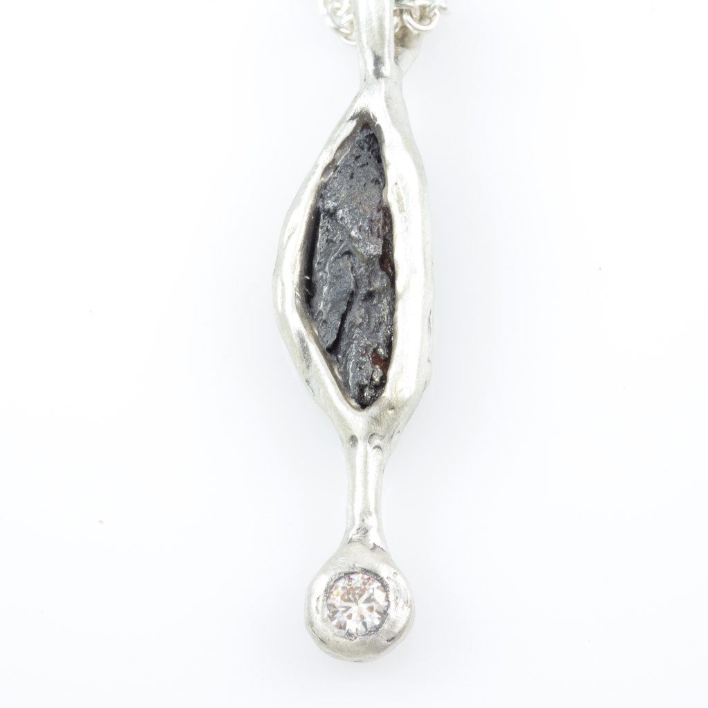 Meteorite and Moissanite Drop Pendant in Sterling Silver - Ready to Ship - Beth Cyr Handmade Jewelry