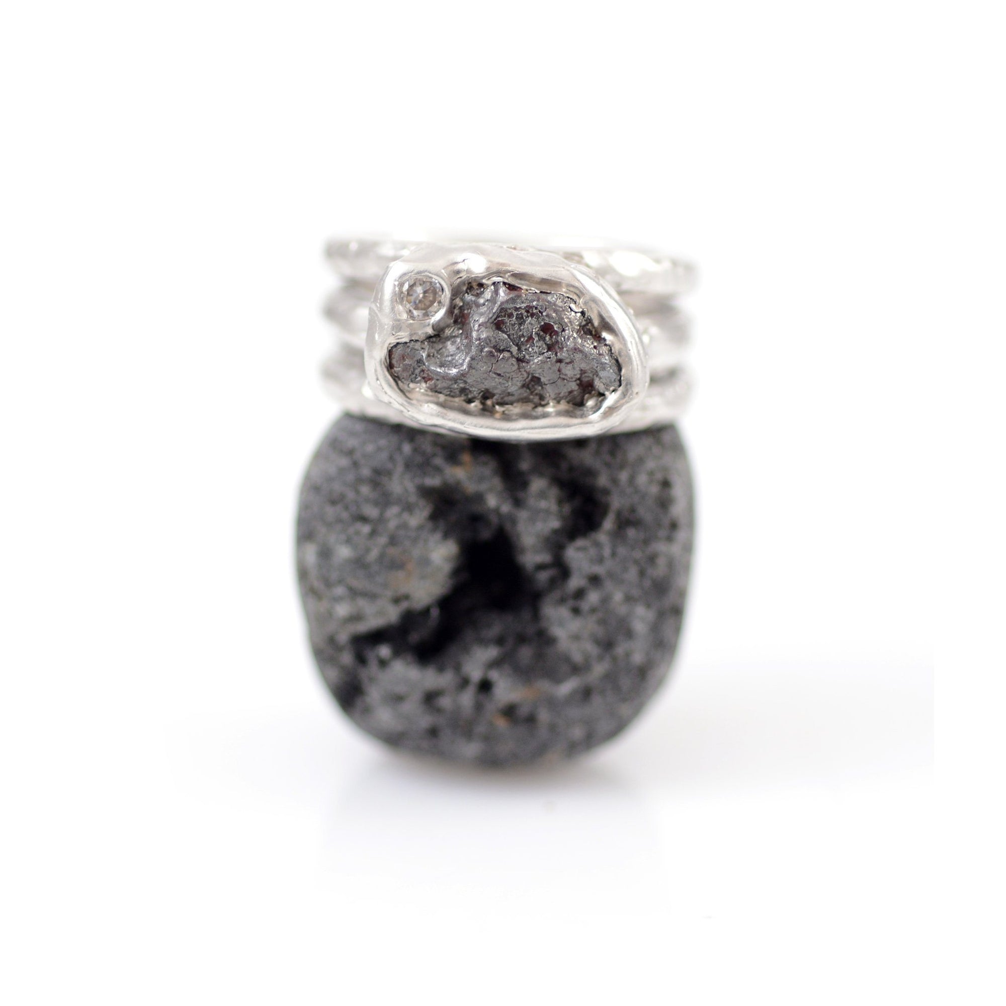 Meteorite and Moissanite Triple Ring in Palladium Sterling Silver - size 6.5 - Ready to Ship - Beth Cyr Handmade Jewelry