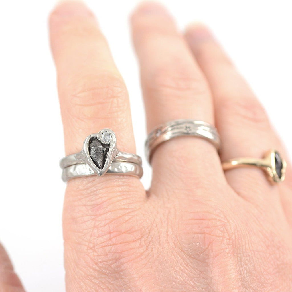 Meteorite and Moissanite Ring Set in Palladium Sterling Silver - size 6 1/4 - Ready to Ship - Beth Cyr Handmade Jewelry