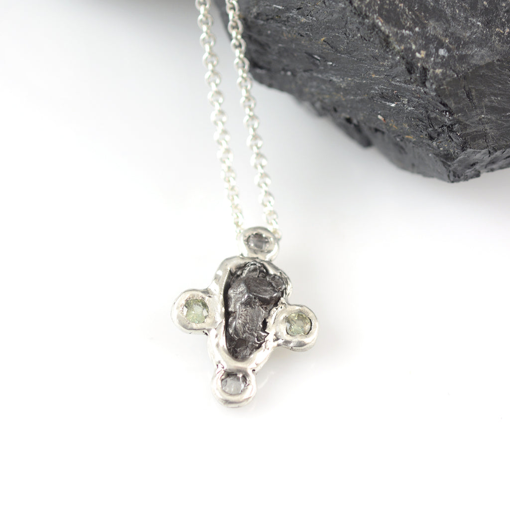 Meteorite and Sapphire Pendant in Sterling Silver - Ready to Ship
