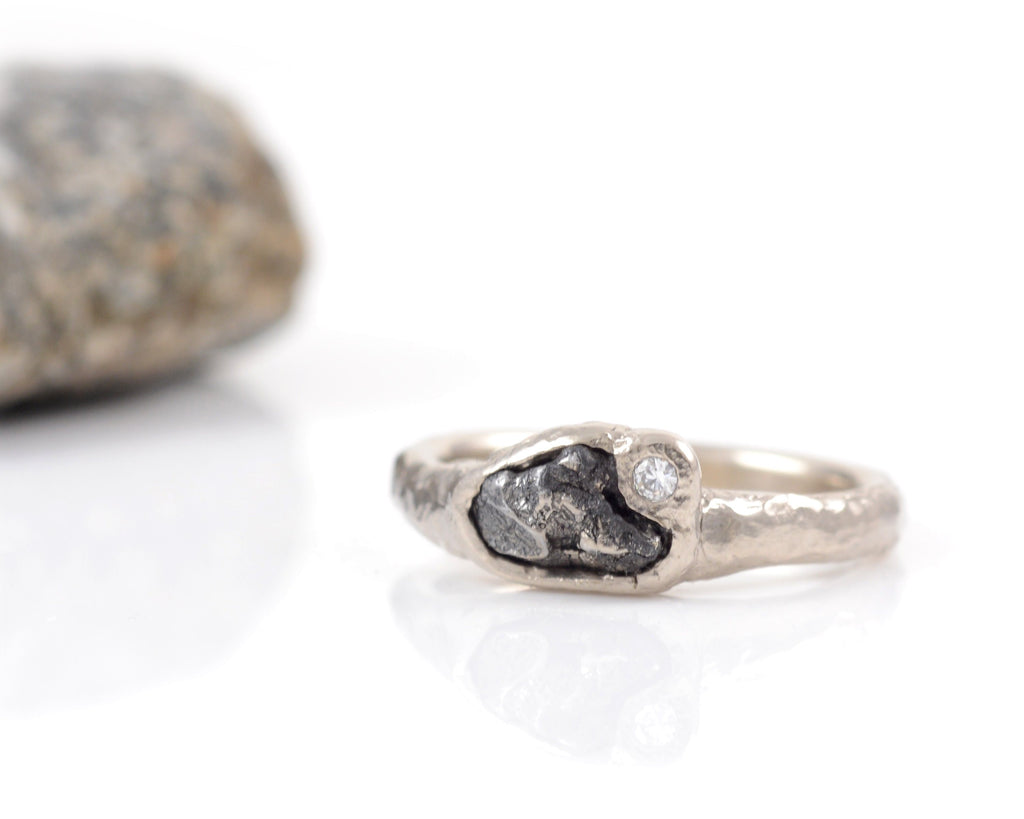 Custom Meteorite Engagement Ring with Moissanite in 14k Palladium White Gold - Final Payment - Beth Cyr Handmade Jewelry