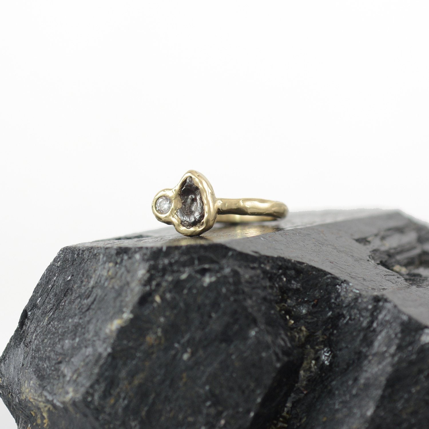 Meteorite Ring with Moissanite in 14k yellow gold size 4 Ready to Ship