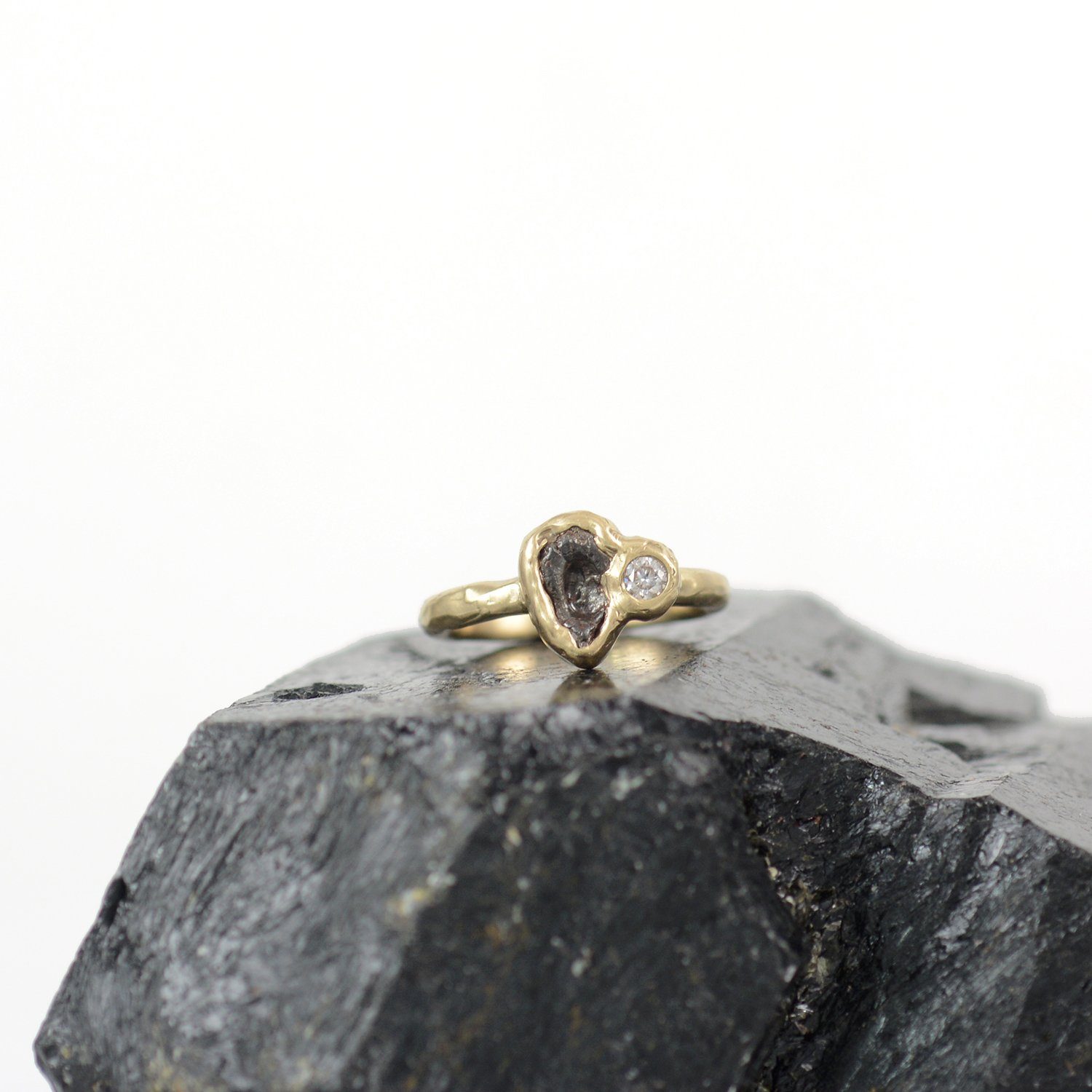 Meteorite Ring with Moissanite in 14k yellow gold size 4 Ready to Ship