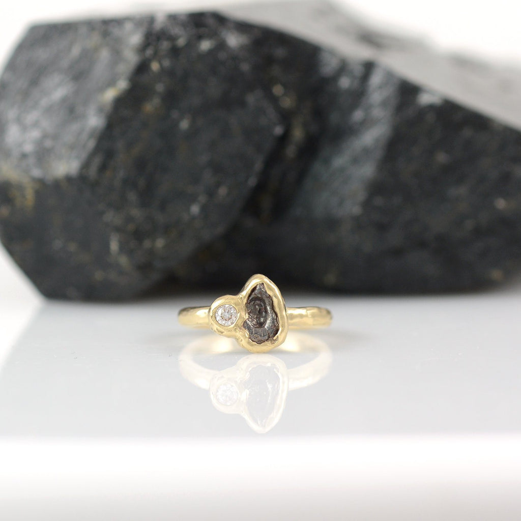 Meteorite Ring with Moissanite in 14k yellow gold - size 4 - Ready to Ship