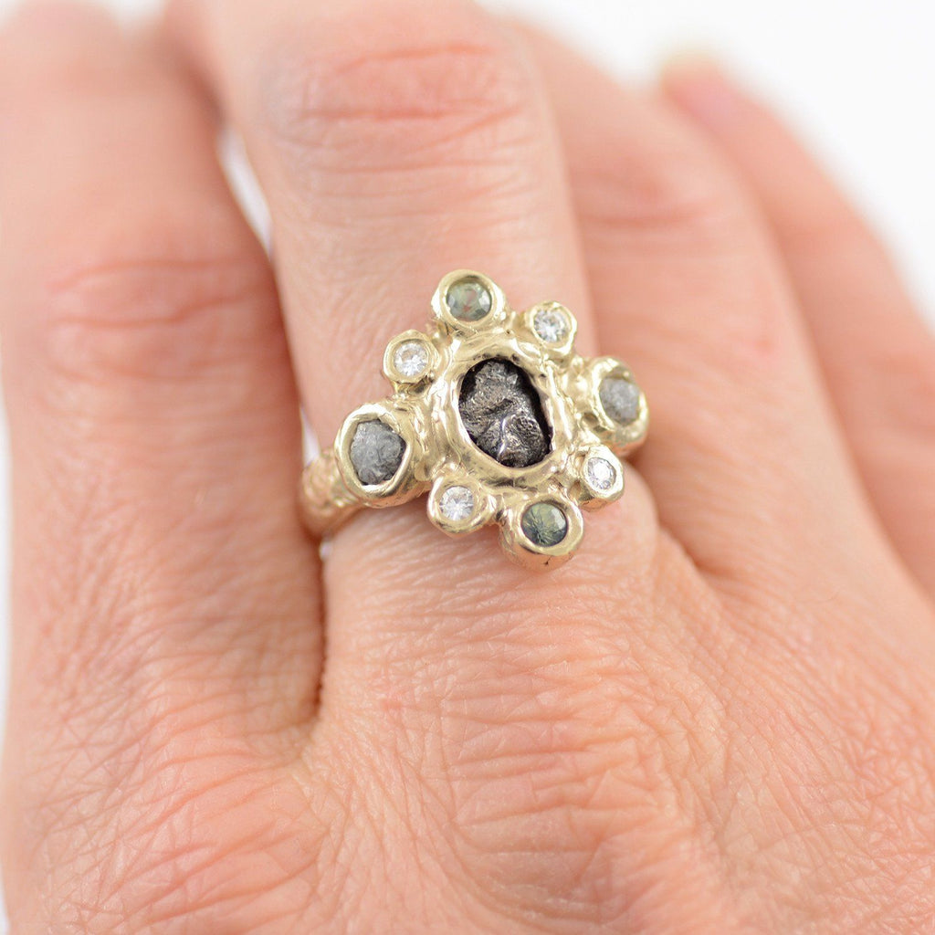 Meteorite Ring with Rough Diamonds, Sapphires and Moissanite in 14k Yellow Gold - size 5.5 - Ready to Ship - Beth Cyr Handmade Jewelry