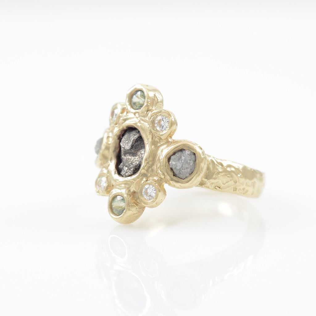 Meteorite Ring with Rough Diamonds, Sapphires and Moissanite in 14k Yellow Gold - size 5.5 - Ready to Ship - Beth Cyr Handmade Jewelry