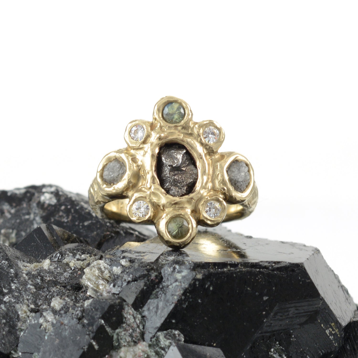 Meteorite Ring with Rough Diamonds Sapphires and Moissanite in 14k Ye BethCyr