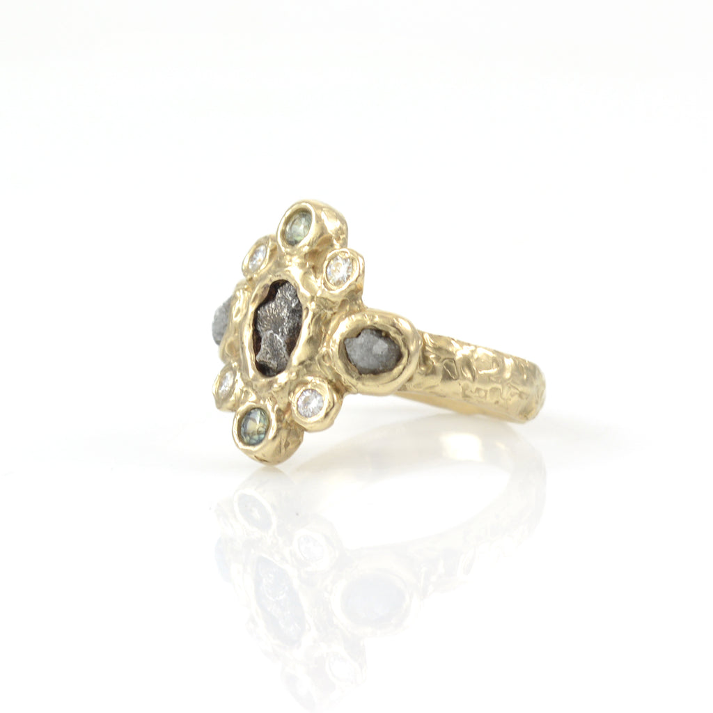 Meteorite Ring with Rough Diamonds, Sapphires and Moissanite in 14k Yellow Gold - Ready to Ship