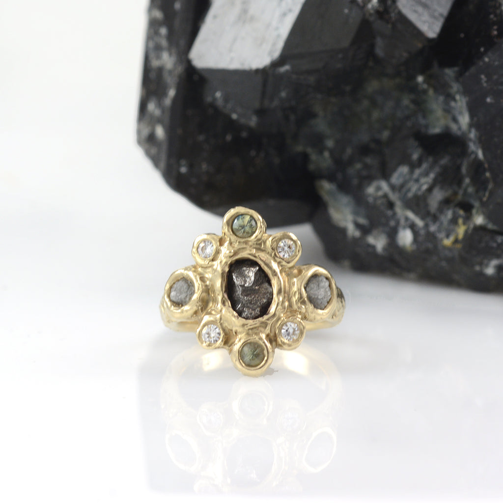 Meteorite Ring with Rough Diamonds, Sapphires and Moissanite in 14k Yellow Gold - Ready to Ship