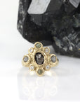 Meteorite Ring with Rough Diamonds, Sapphires and Moissanite in 14k Yellow Gold - Ready to Ship