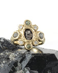 Meteorite Ring with Rough Diamonds, Sapphires and Moissanite in 14k Yellow Gold - Ready to Ship