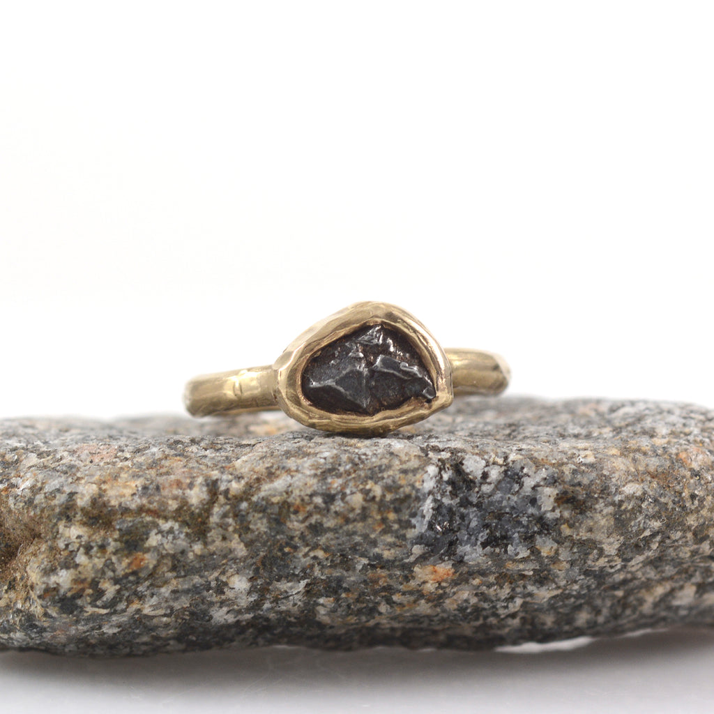 Single Meteorite Ring in 14k Yellow Gold- size 5 - Ready to Ship