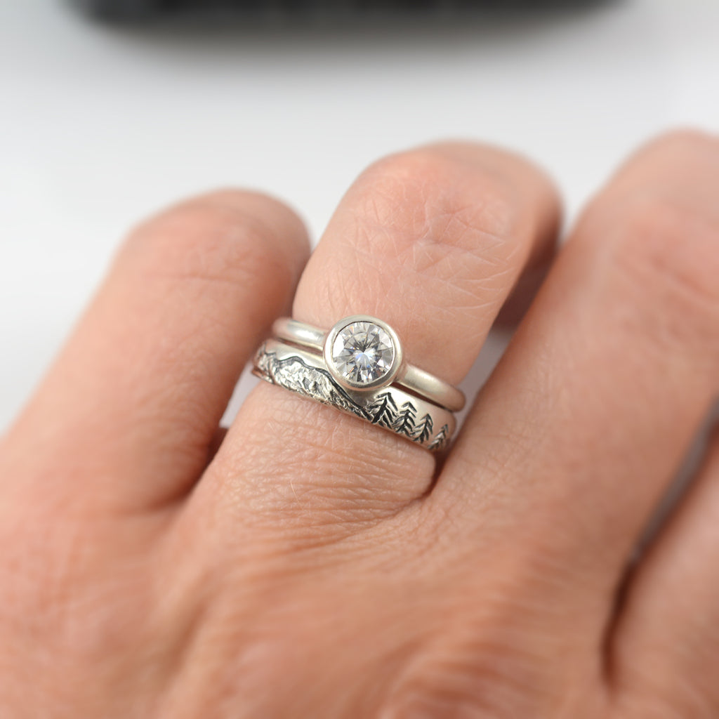 Landscape band with moissanite simplicity ring - final balance