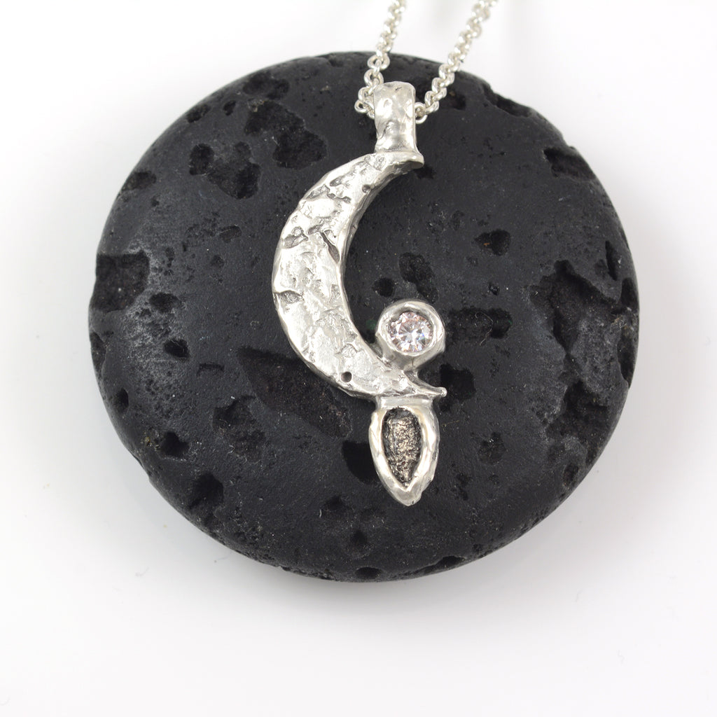 Moon pendant with Meteorite and Moissanite in Sterling Silver - Ready to Ship