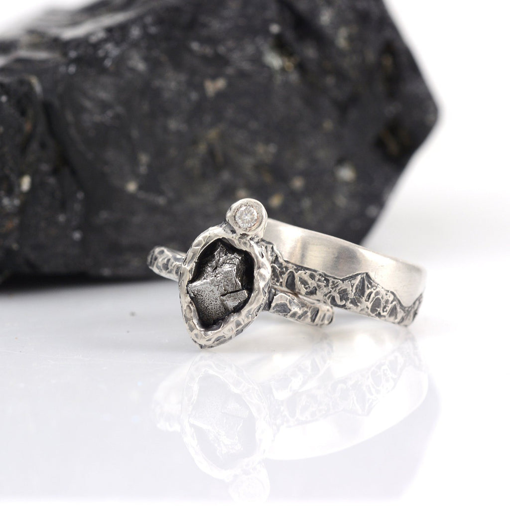 Mountain Meteorite and Moissanite Ring Set in Palladium Sterling Silver - size 6 1/2 - Ready to Ship - Beth Cyr Handmade Jewelry