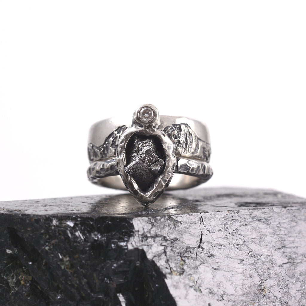 Mountain Meteorite and Moissanite Ring Set in Palladium Sterling Silver - size 6 1/2 - Ready to Ship - Beth Cyr Handmade Jewelry