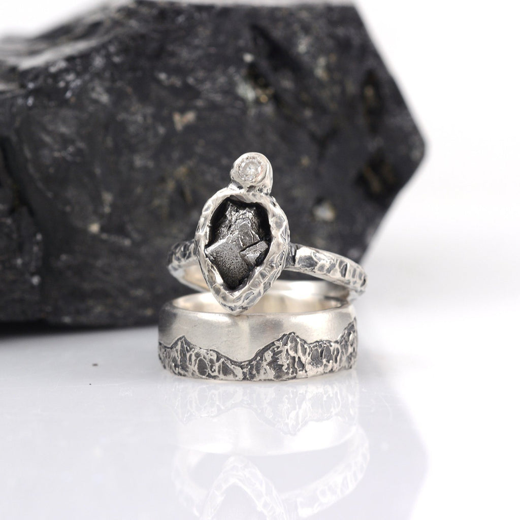 Mountain Meteorite and Moissanite Ring Set in Palladium Sterling Silver - size 6 1/2 - Ready to Ship - Beth Cyr Handmade Jewelry