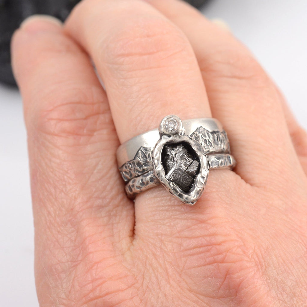 Mountain Meteorite and Moissanite Ring Set in Palladium Sterling Silver - size 6 1/2 - Ready to Ship - Beth Cyr Handmade Jewelry