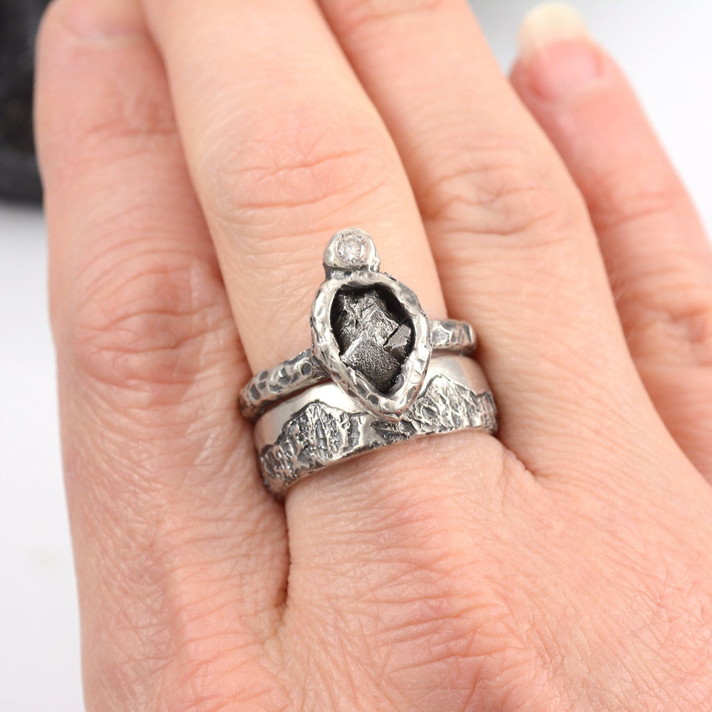 Mountain Meteorite and Moissanite Ring Set in Palladium Sterling Silver - size 6 1/2 - Ready to Ship - Beth Cyr Handmade Jewelry