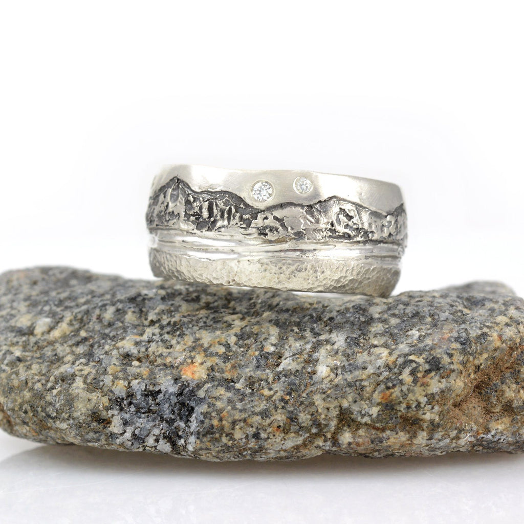 Mountain, Sea and Sand Ring in Palladium Sterling Silver with Moissanite - Size 8 - Ready to Ship - Beth Cyr Handmade Jewelry