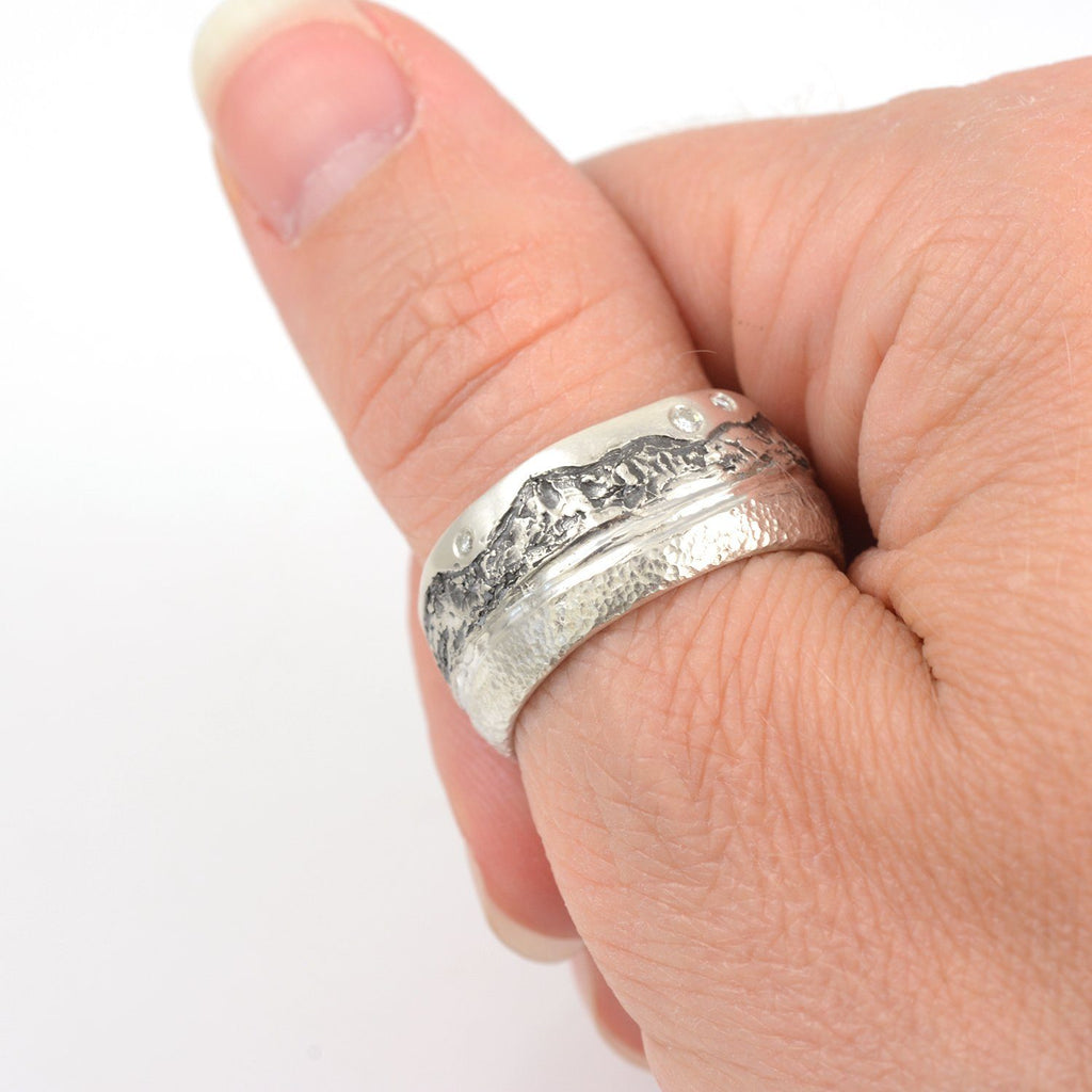 Mountain, Sea and Sand Ring in Palladium Sterling Silver with Moissanite - Size 8 - Ready to Ship - Beth Cyr Handmade Jewelry