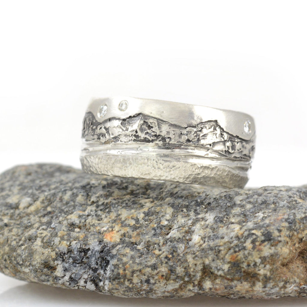 Mountain, Sea and Sand Ring in Palladium Sterling Silver with Moissanite - Size 8 - Ready to Ship - Beth Cyr Handmade Jewelry