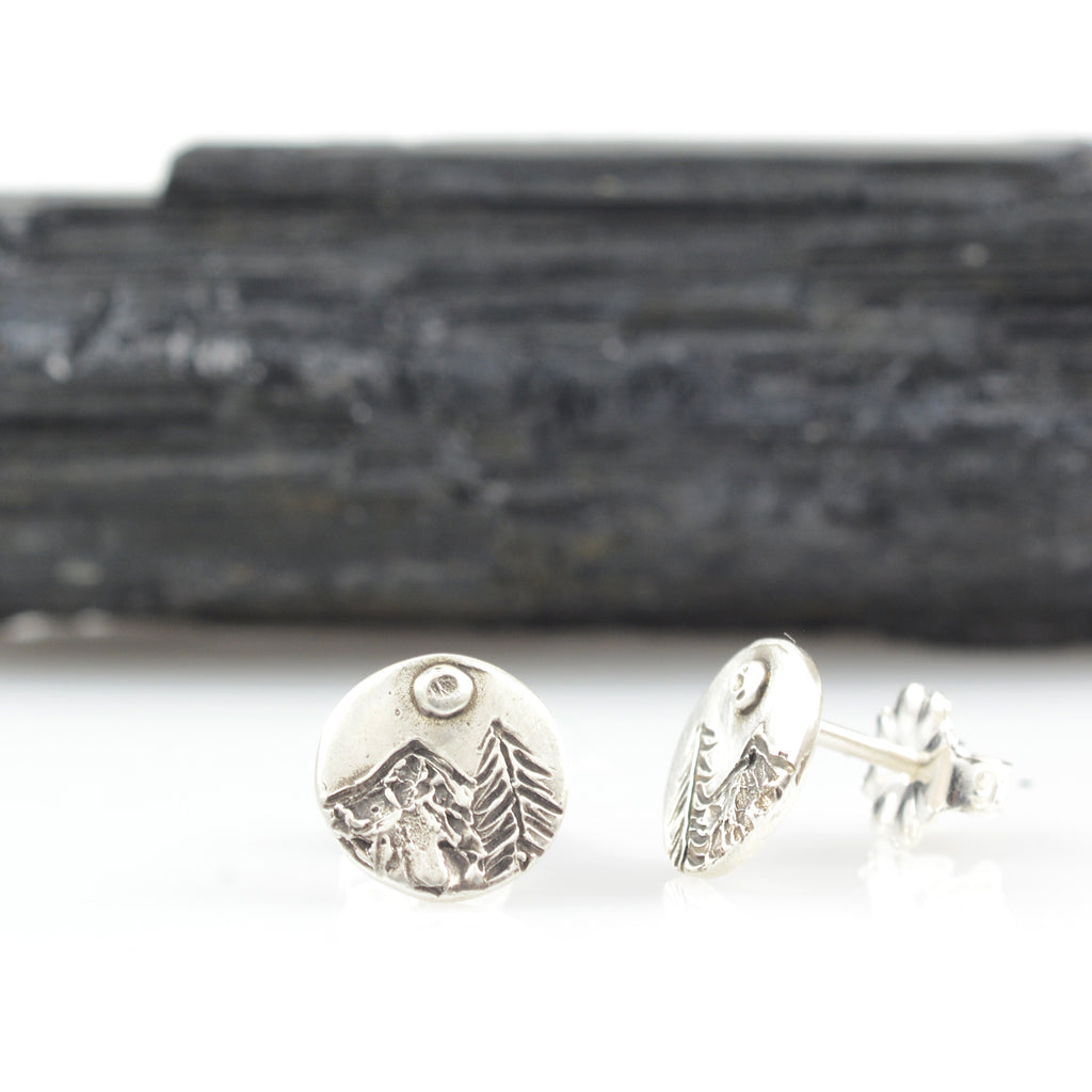 Landscape Earrings - Mountain, Tree and Moon Sterling Silver Post Earrings - Ready to Ship