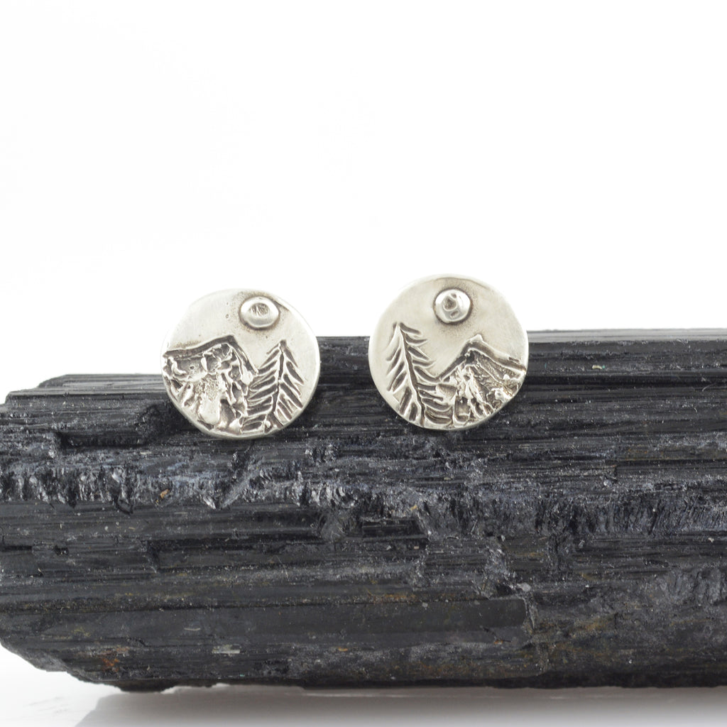 Landscape Earrings - Mountain, Tree and Moon Sterling Silver Post Earrings - Ready to Ship