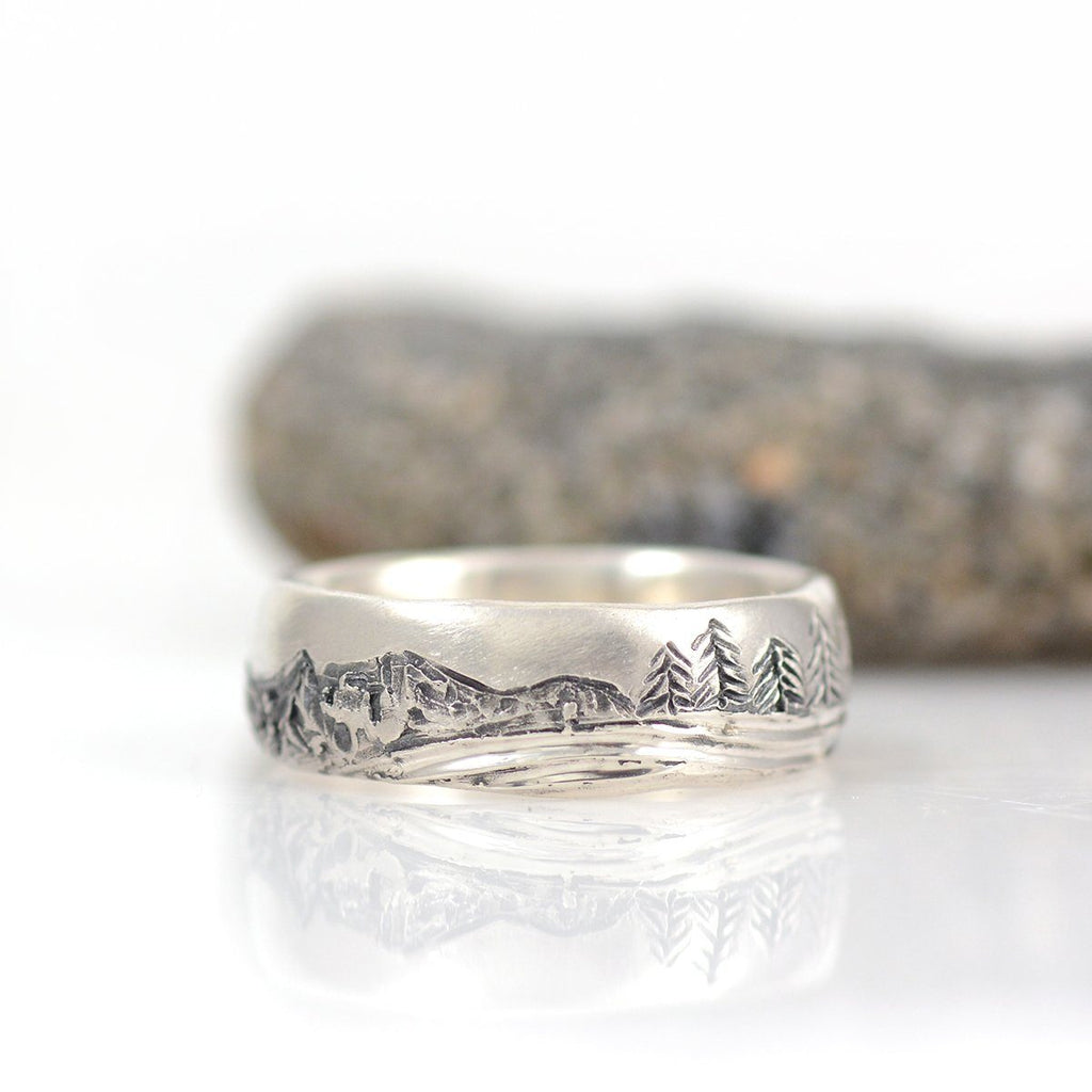 Mountain, Tree and Sea Ring in Palladium Sterling Silver, 7mm, size 9 - Ready to Ship - Beth Cyr Handmade Jewelry