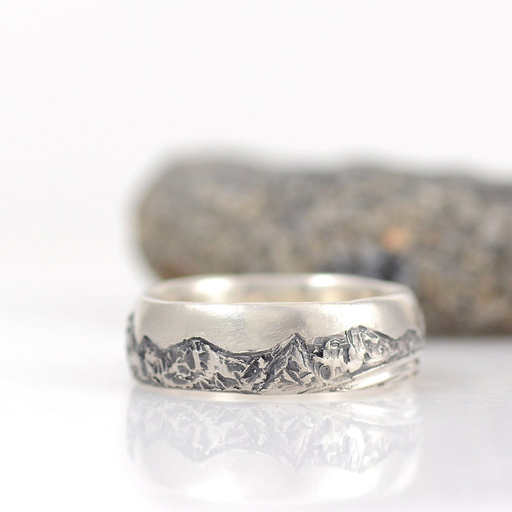 Mountain, Tree and Sea Ring in Palladium Sterling Silver, 7mm, size 9  - Ready to Ship - Beth Cyr Handmade Jewelry