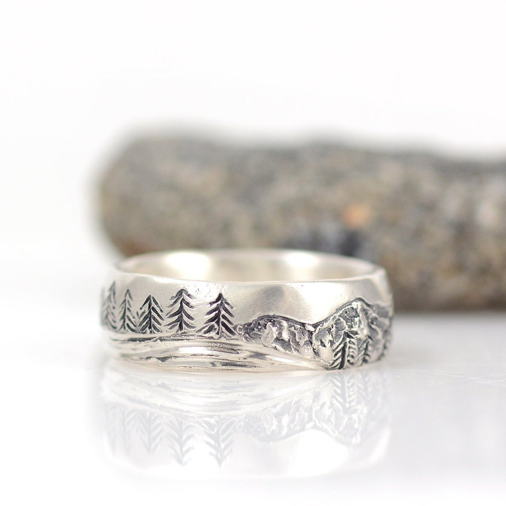 Mountain, Tree and Sea Ring in Palladium Sterling Silver, 7mm, size 9 - Ready to Ship - Beth Cyr Handmade Jewelry