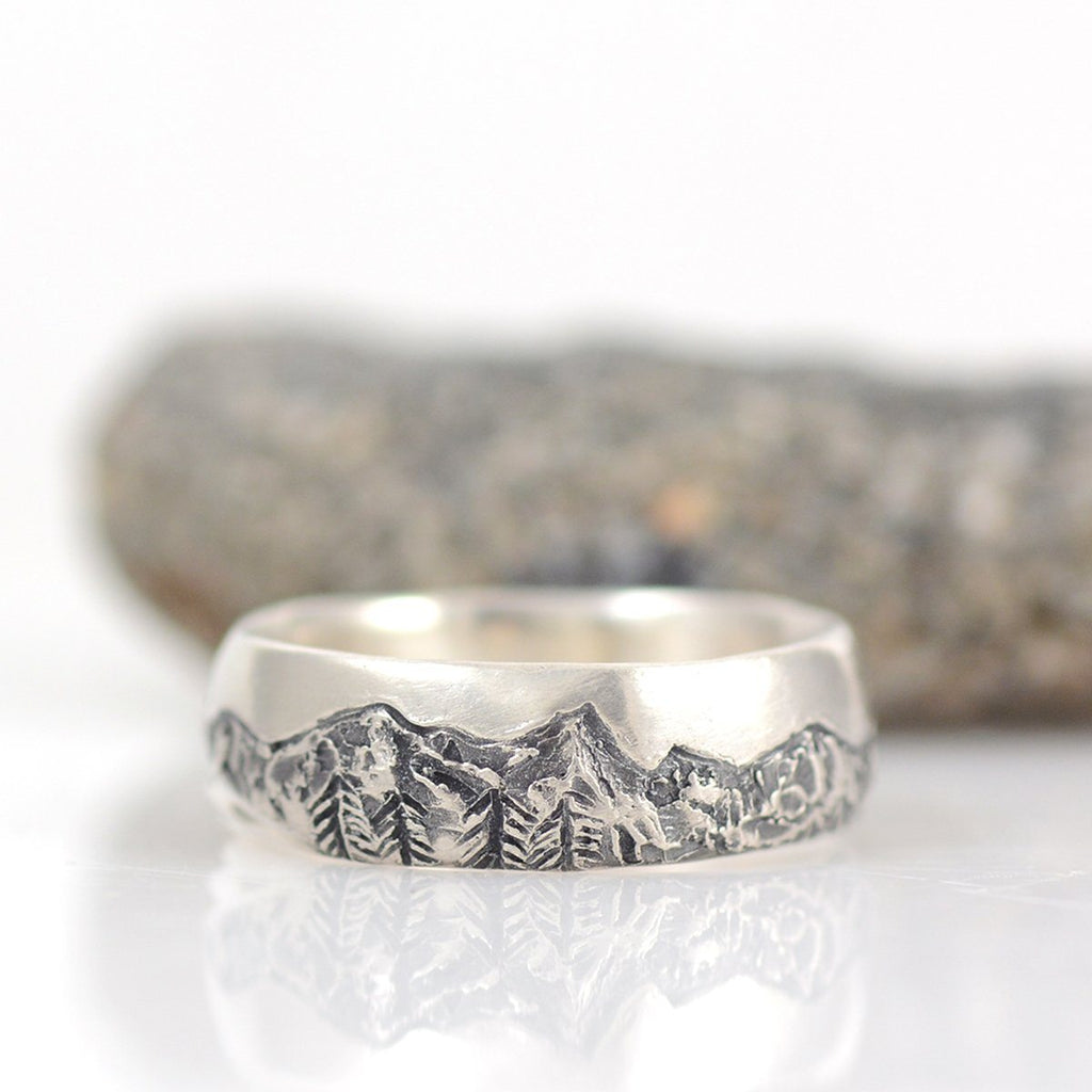 Mountain, Tree and Sea Ring in Palladium Sterling Silver, 7mm, size 9 - Ready to Ship - Beth Cyr Handmade Jewelry