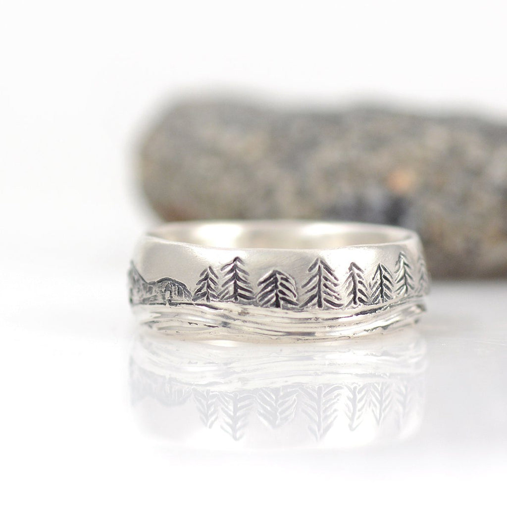 Mountain, Tree and Sea Ring in Palladium Sterling Silver, 7mm, size 9  - Ready to Ship - Beth Cyr Handmade Jewelry