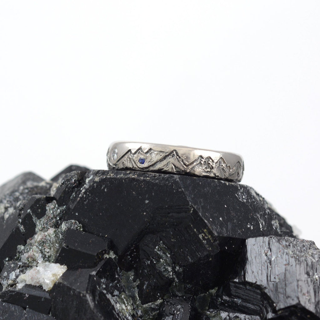 Custom order for Laura - palladium/silver cascade mountains and lakes with moissanite and sapphires - Beth Cyr Handmade Jewelry