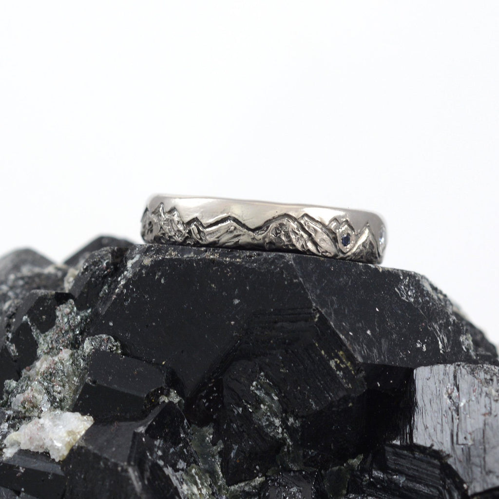Custom order for Laura - palladium/silver cascade mountains and lakes with moissanite and sapphires - Beth Cyr Handmade Jewelry