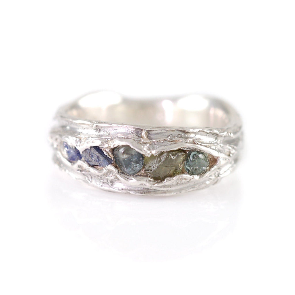 Redwoods Ring with Rough Sapphires in Palladium Sterling Silver - Size 6 - Ready to Ship - Beth Cyr Handmade Jewelry