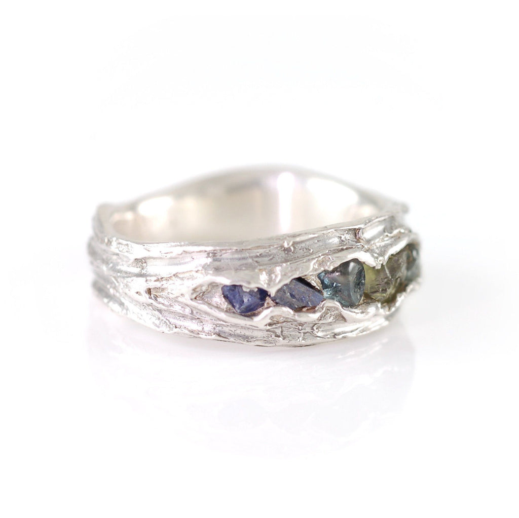 Redwoods Ring with Rough Sapphires in Palladium Sterling Silver - Size 6 - Ready to Ship - Beth Cyr Handmade Jewelry