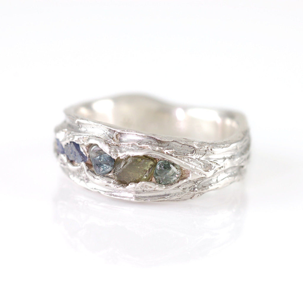 Redwoods Ring with Rough Sapphires in Palladium Sterling Silver - Size 6 - Ready to Ship - Beth Cyr Handmade Jewelry