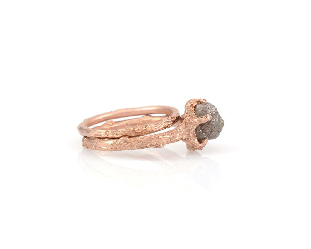 Twig Ring Set with Dark Gray Rough Diamond in 14k Rose Gold - Size 5.5 - Ready to Ship - Nature Inspired Engagement Ring - Beth Cyr Handmade Jewelry
