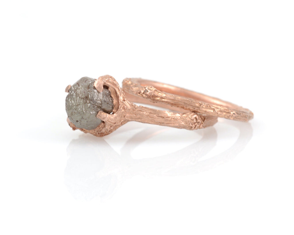 Twig Ring Set with Dark Gray Rough Diamond in 14k Rose Gold - Size 5.5 - Ready to Ship - Nature Inspired Engagement Ring - Beth Cyr Handmade Jewelry