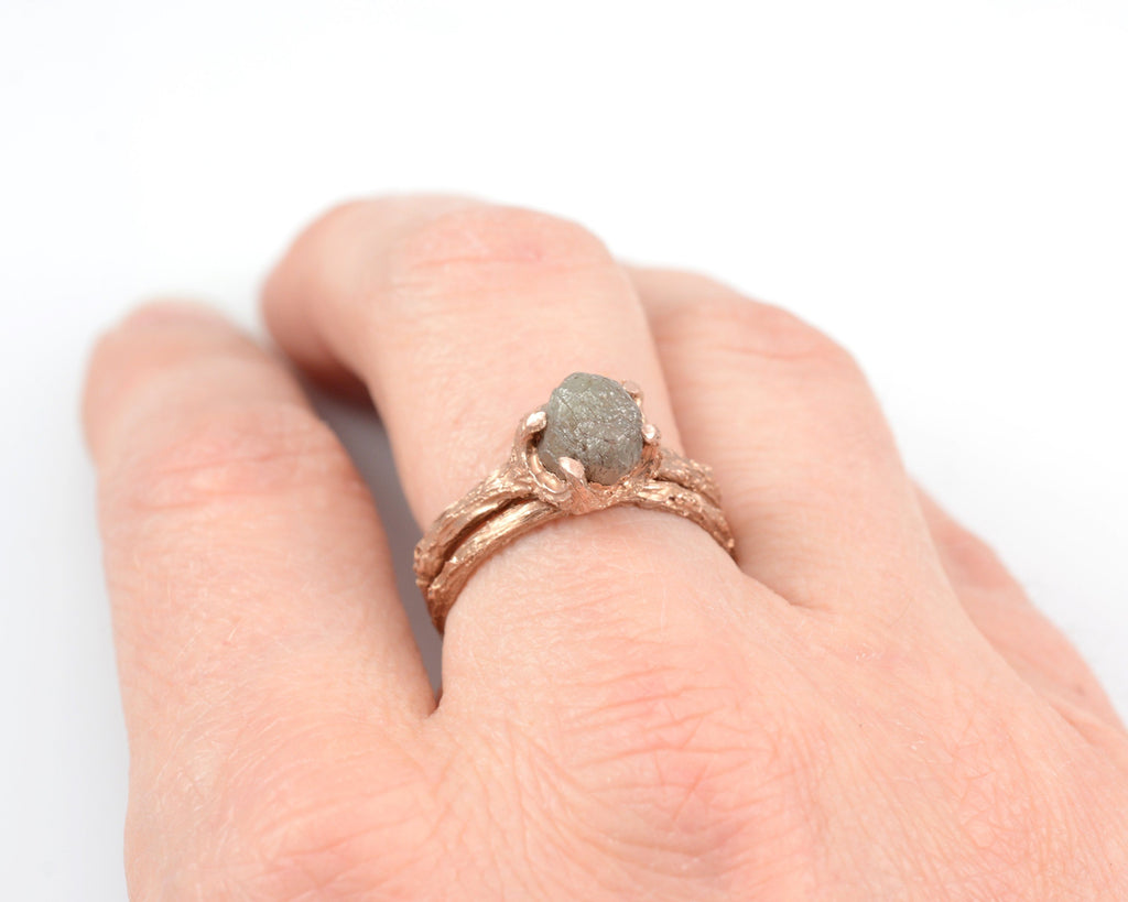 Twig Ring Set with Dark Gray Rough Diamond in 14k Rose Gold - Size 5.5 - Ready to Ship - Nature Inspired Engagement Ring - Beth Cyr Handmade Jewelry