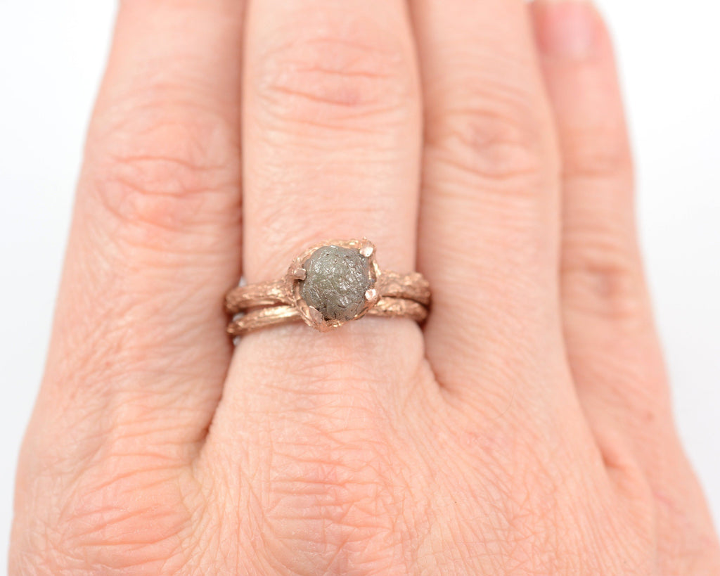 Twig Ring Set with Dark Gray Rough Diamond in 14k Rose Gold - Size 5.5 - Ready to Ship - Nature Inspired Engagement Ring - Beth Cyr Handmade Jewelry