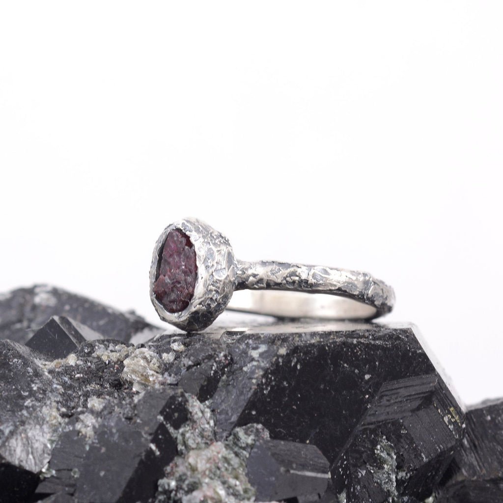 Rough Ruby Ring with Mountain Texture Band in Palladium Sterling Silver - size 6.75 - Ready to Ship - Beth Cyr Handmade Jewelry